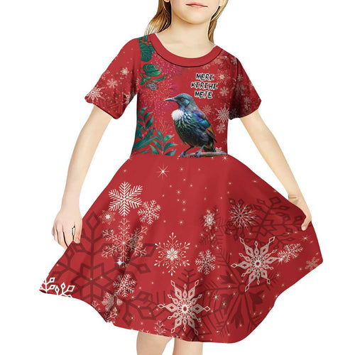 Tui Meri Kirihimete Personalised Kid Short Sleeve Dress Pohutukawa Flowers Red Motif - Aussie Hoodie