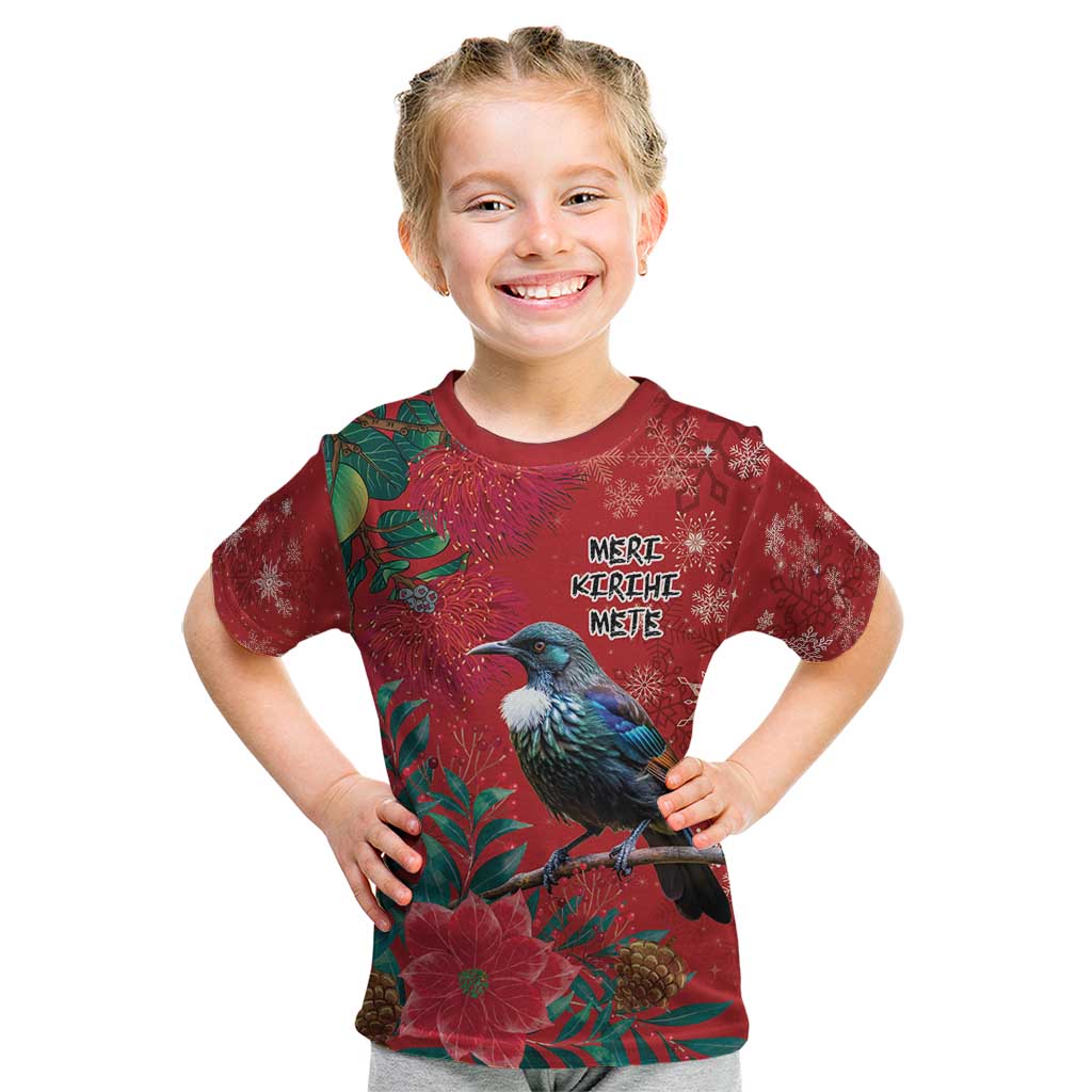 Tui Meri Kirihimete Personalised Kid T Shirt Pohutukawa Flowers Red Motif - Aussie Hoodie