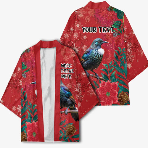 Tui Meri Kirihimete Personalised Kimono Pohutukawa Flowers Red Motif - Aussie Hoodie