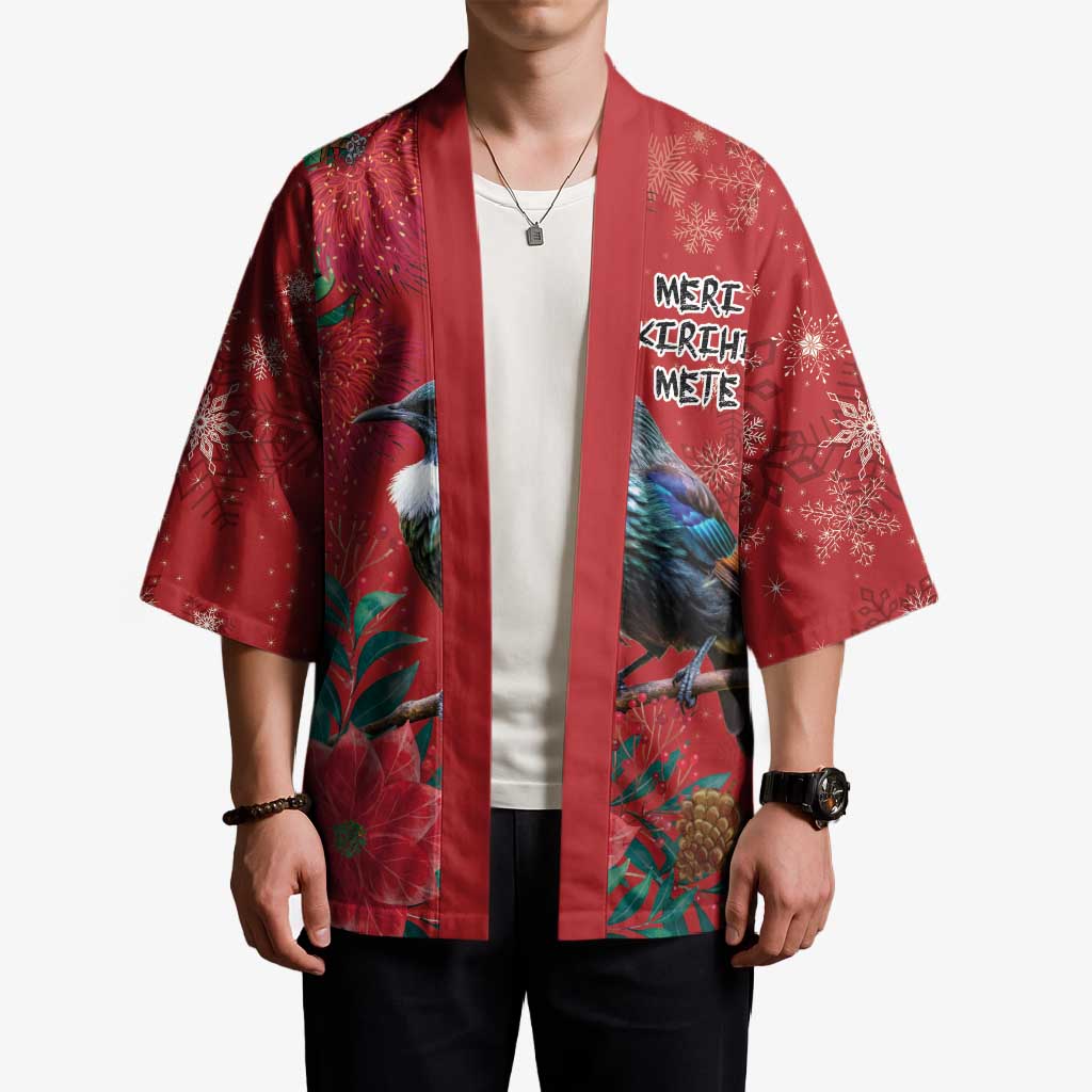 Tui Meri Kirihimete Personalised Kimono Pohutukawa Flowers Red Motif - Aussie Hoodie