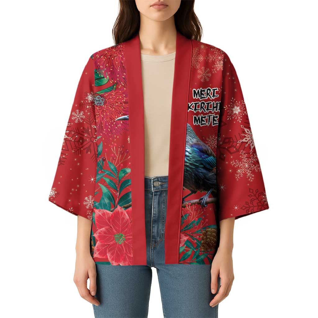 Tui Meri Kirihimete Personalised Kimono Pohutukawa Flowers Red Motif - Aussie Hoodie