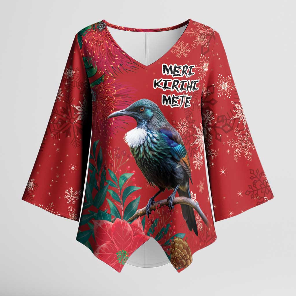 Tui Meri Kirihimete Personalised Kimono Sleeve Blouse Pohutukawa Flowers Red Motif - Aussie Hoodie