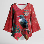 Tui Meri Kirihimete Personalised Kimono Sleeve Blouse Pohutukawa Flowers Red Motif - Aussie Hoodie