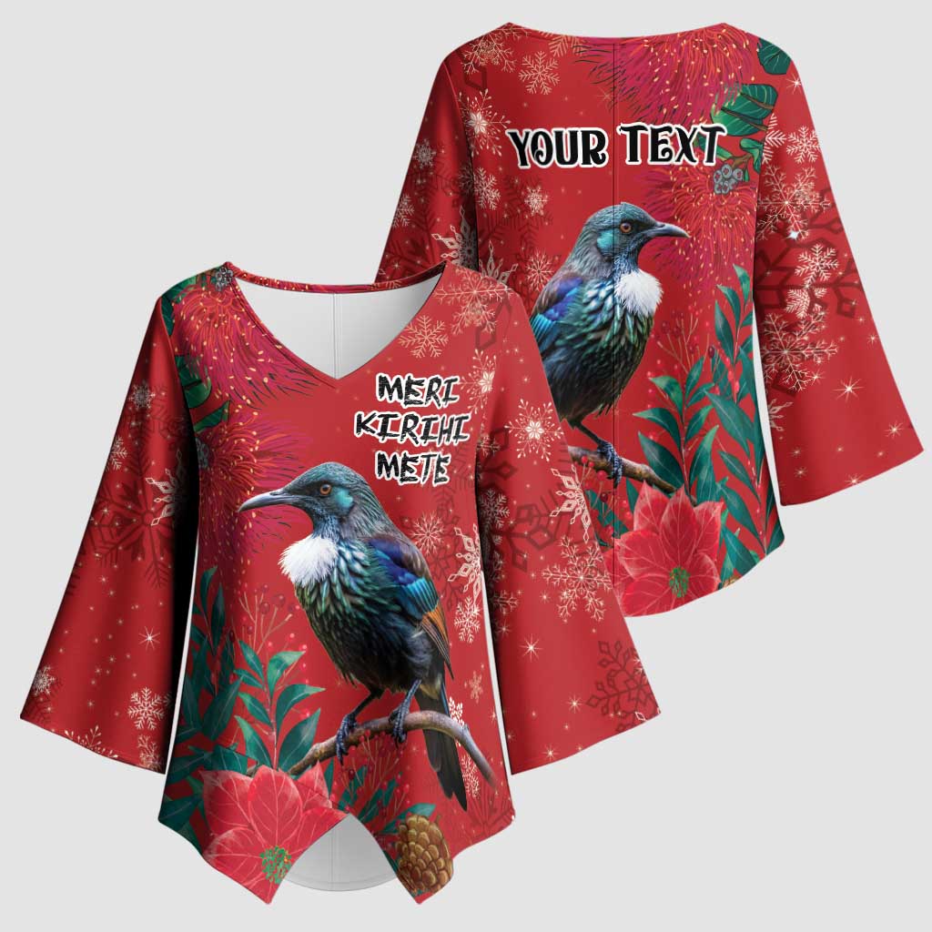 Tui Meri Kirihimete Personalised Kimono Sleeve Blouse Pohutukawa Flowers Red Motif - Aussie Hoodie