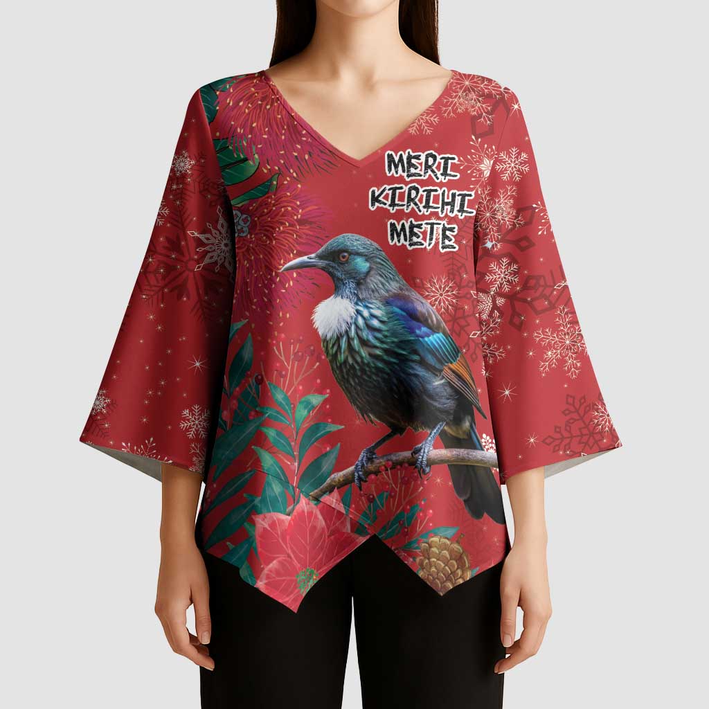 Tui Meri Kirihimete Personalised Kimono Sleeve Blouse Pohutukawa Flowers Red Motif - Aussie Hoodie