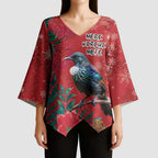 Tui Meri Kirihimete Personalised Kimono Sleeve Blouse Pohutukawa Flowers Red Motif - Aussie Hoodie