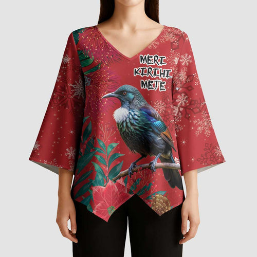 Tui Meri Kirihimete Personalised Kimono Sleeve Blouse Pohutukawa Flowers Red Motif - Aussie Hoodie