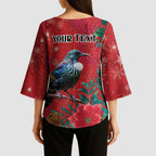 Tui Meri Kirihimete Personalised Kimono Sleeve Blouse Pohutukawa Flowers Red Motif - Aussie Hoodie