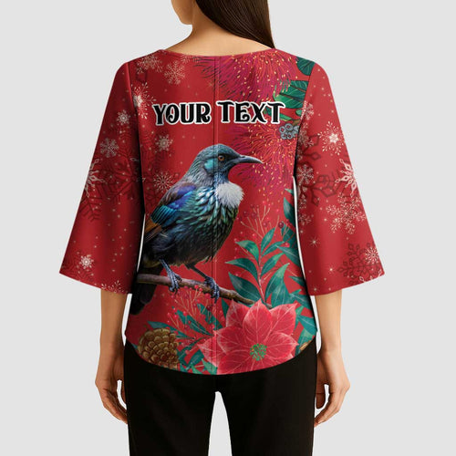 Tui Meri Kirihimete Personalised Kimono Sleeve Blouse Pohutukawa Flowers Red Motif - Aussie Hoodie