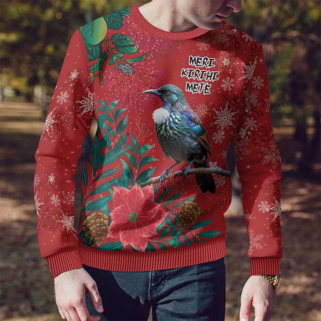 Tui Meri Kirihimete Personalised Ugly Christmas Sweater Pohutukawa Flowers Red Motif - Aussie Hoodie