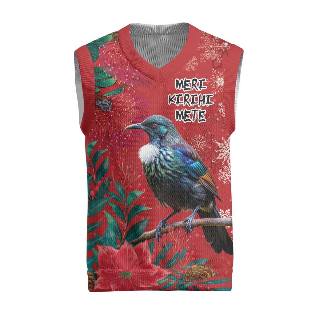 Tui Meri Kirihimete Personalised Christmas Knitted V-Neck Vest Pohutukawa Flowers Red Motif - Aussie Hoodie