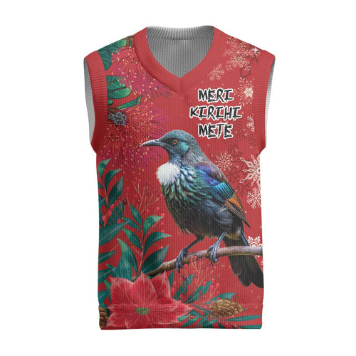 Tui Meri Kirihimete Personalised Christmas Knitted V-Neck Vest Pohutukawa Flowers Red Motif - Aussie Hoodie