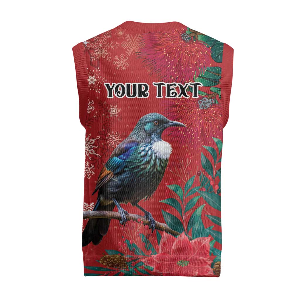 Tui Meri Kirihimete Personalised Christmas Knitted V-Neck Vest Pohutukawa Flowers Red Motif - Aussie Hoodie