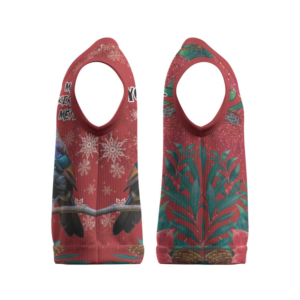 Tui Meri Kirihimete Personalised Christmas Knitted V-Neck Vest Pohutukawa Flowers Red Motif - Aussie Hoodie