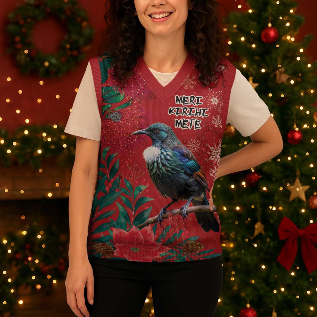 Tui Meri Kirihimete Personalised Christmas Knitted V-Neck Vest Pohutukawa Flowers Red Motif - Aussie Hoodie