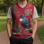 Tui Meri Kirihimete Personalised Christmas Knitted V-Neck Vest Pohutukawa Flowers Red Motif - Aussie Hoodie