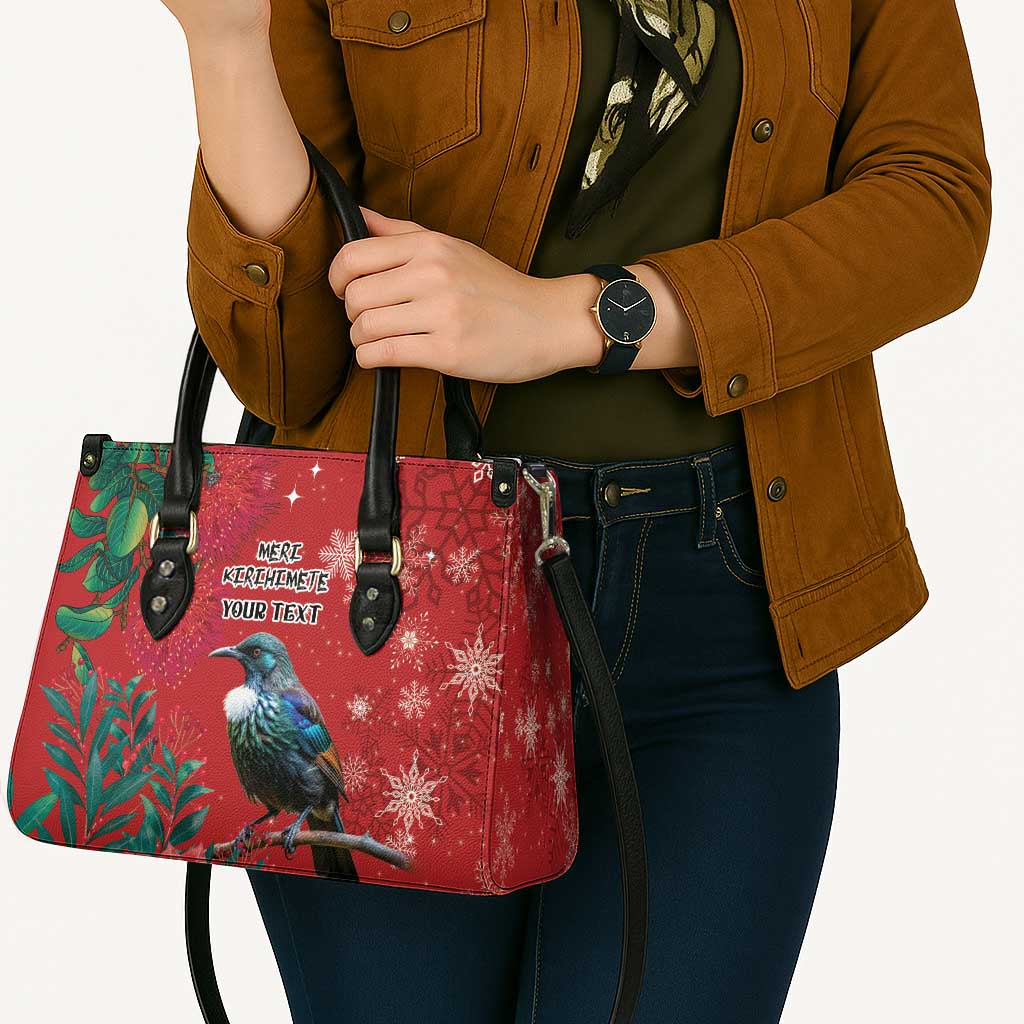 Tui Meri Kirihimete Personalised Leather Bag Pohutukawa Flowers Red Motif - Aussie Hoodie