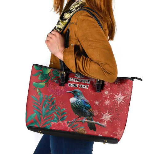 Tui Meri Kirihimete Personalised Leather Tote Bag Pohutukawa Flowers Red Motif - Aussie Hoodie