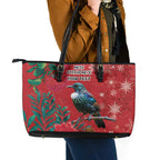 Tui Meri Kirihimete Personalised Leather Tote Bag Pohutukawa Flowers Red Motif - Aussie Hoodie