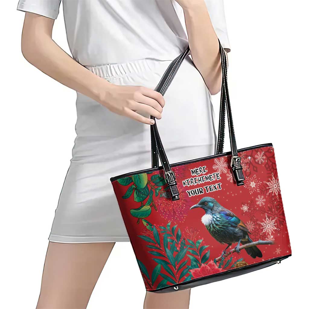 Tui Meri Kirihimete Personalised Leather Tote Bag Pohutukawa Flowers Red Motif - Aussie Hoodie