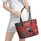 Tui Meri Kirihimete Personalised Leather Tote Bag Pohutukawa Flowers Red Motif - Aussie Hoodie