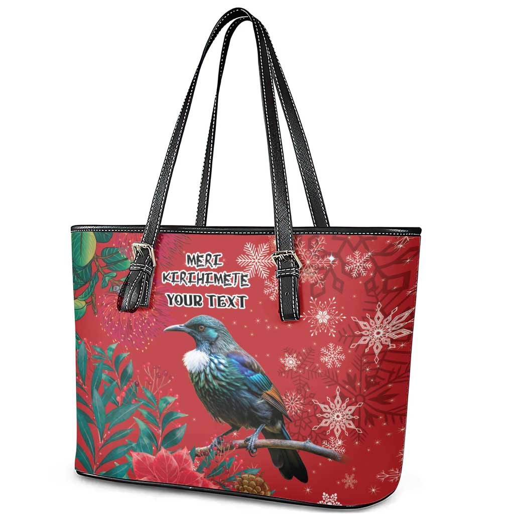 Tui Meri Kirihimete Personalised Leather Tote Bag Pohutukawa Flowers Red Motif - Aussie Hoodie