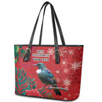 Tui Meri Kirihimete Personalised Leather Tote Bag Pohutukawa Flowers Red Motif - Aussie Hoodie