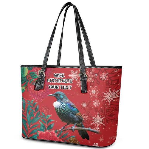 Tui Meri Kirihimete Personalised Leather Tote Bag Pohutukawa Flowers Red Motif - Aussie Hoodie