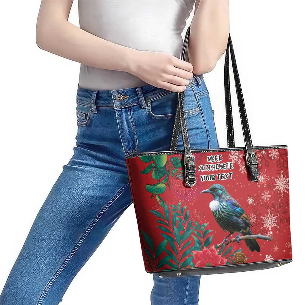 Tui Meri Kirihimete Personalised Leather Tote Bag Pohutukawa Flowers Red Motif - Aussie Hoodie
