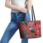 Tui Meri Kirihimete Personalised Leather Tote Bag Pohutukawa Flowers Red Motif - Aussie Hoodie