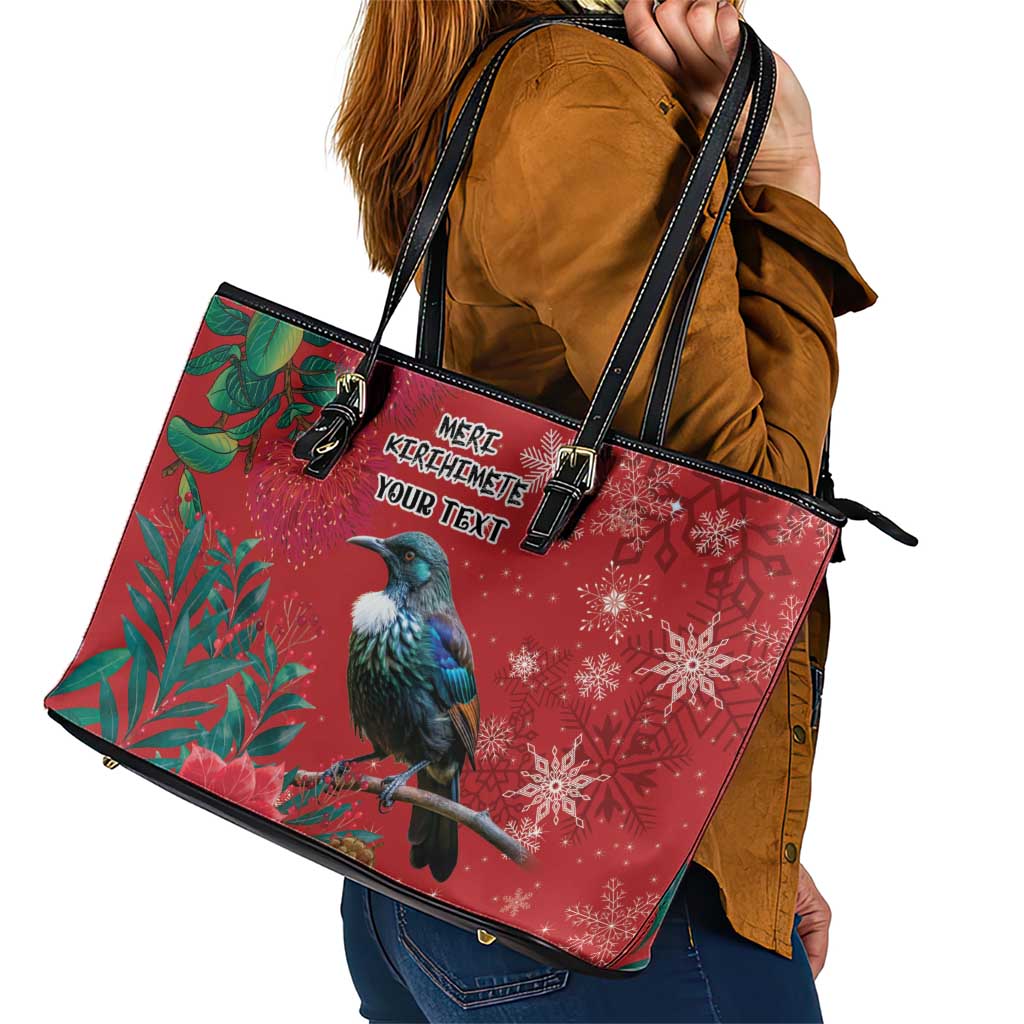 Tui Meri Kirihimete Personalised Leather Tote Bag Pohutukawa Flowers Red Motif - Aussie Hoodie