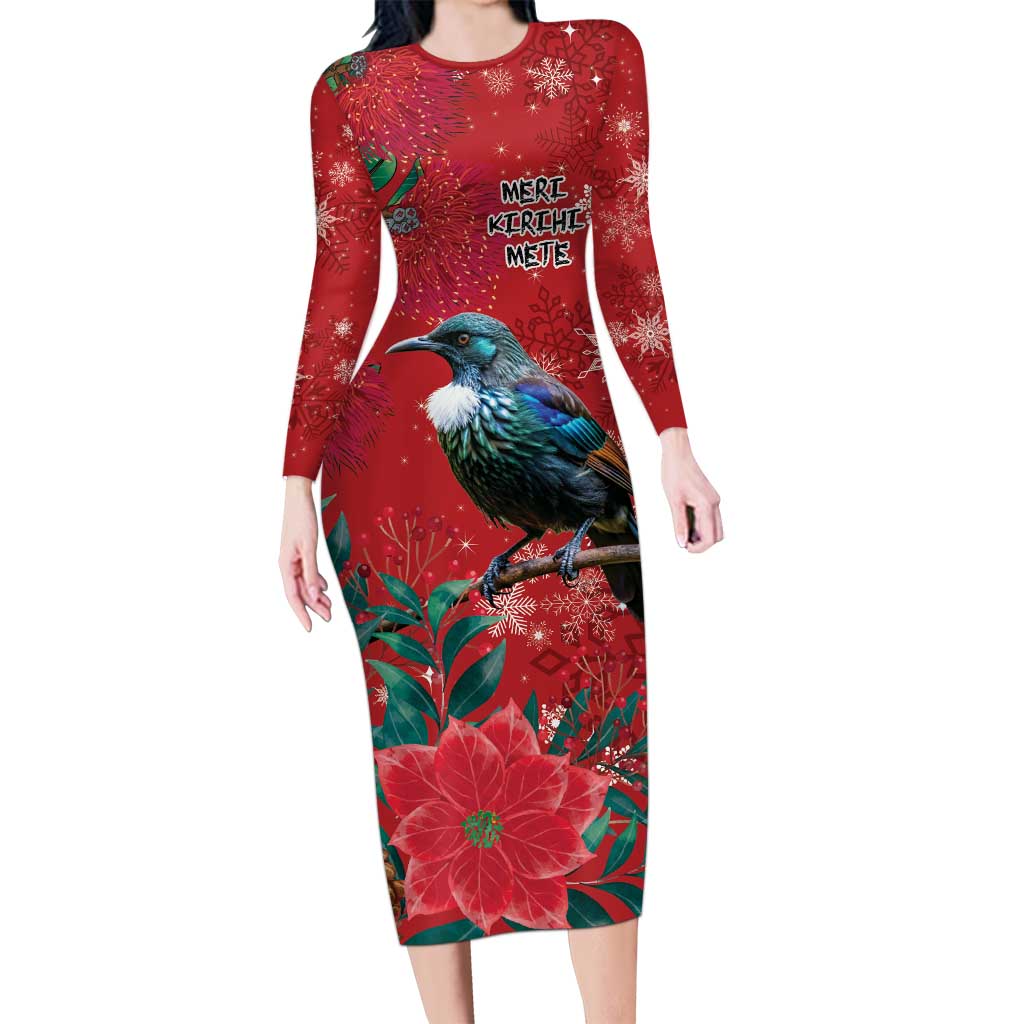 Tui Meri Kirihimete Personalised Long Sleeve Bodycon Dress Pohutukawa Flowers Red Motif - Aussie Hoodie