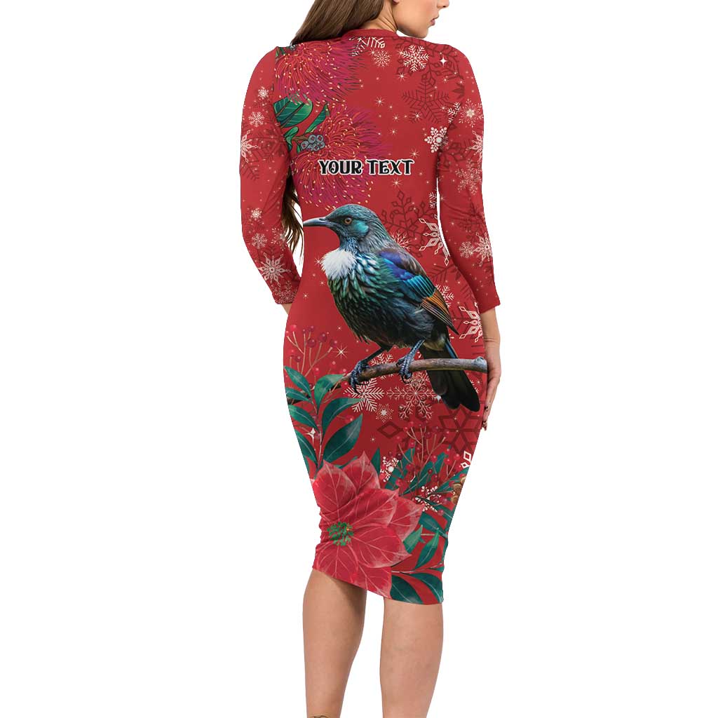 Tui Meri Kirihimete Personalised Long Sleeve Bodycon Dress Pohutukawa Flowers Red Motif - Aussie Hoodie