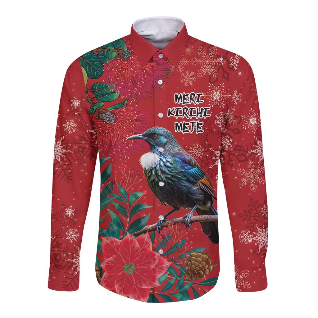 Tui Meri Kirihimete Personalised Long Sleeve Button Shirt Pohutukawa Flowers Red Motif - Aussie Hoodie