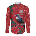 Tui Meri Kirihimete Personalised Long Sleeve Button Shirt Pohutukawa Flowers Red Motif - Aussie Hoodie