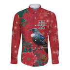 Tui Meri Kirihimete Personalised Long Sleeve Button Shirt Pohutukawa Flowers Red Motif - Aussie Hoodie