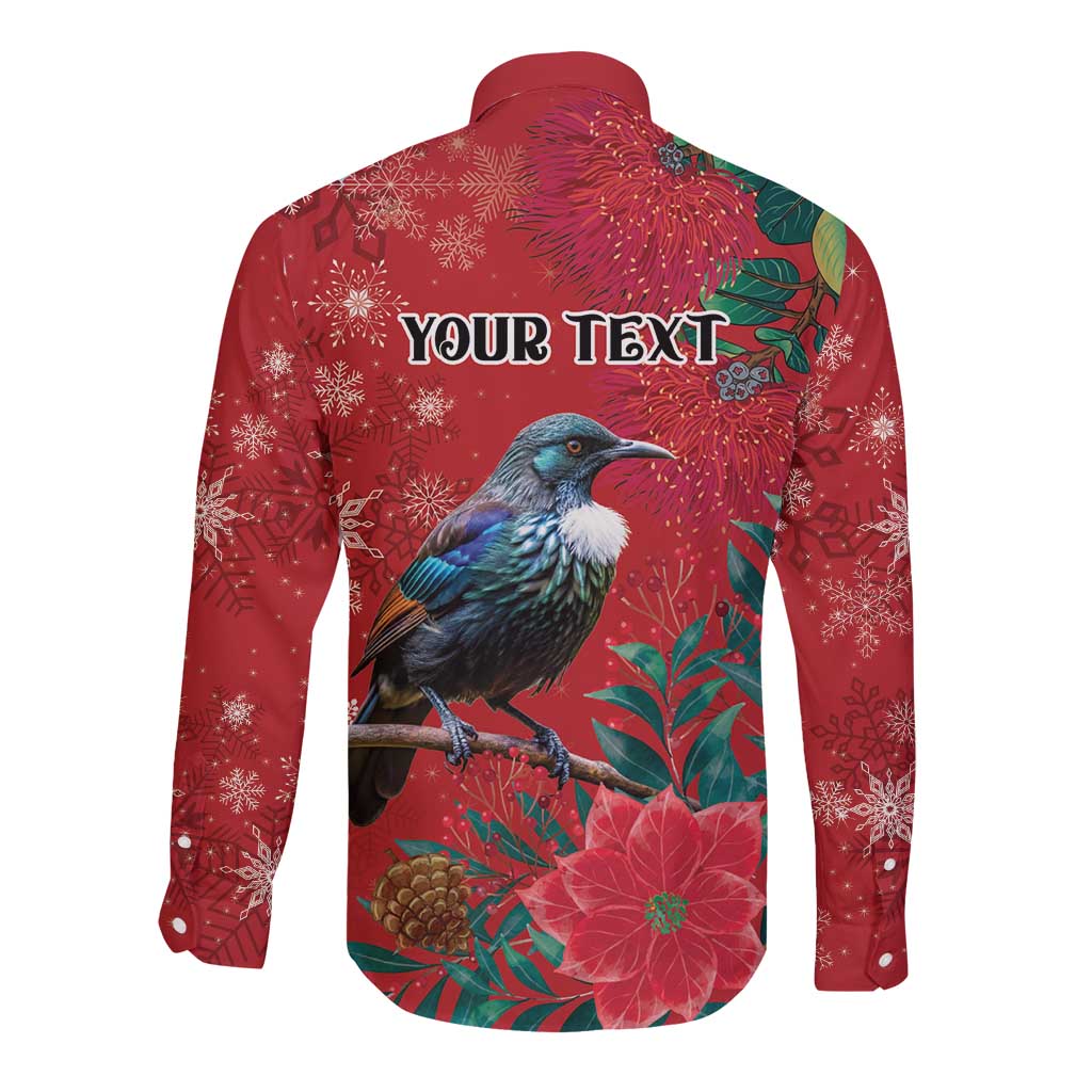 Tui Meri Kirihimete Personalised Long Sleeve Button Shirt Pohutukawa Flowers Red Motif - Aussie Hoodie