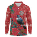 Tui Meri Kirihimete Personalised Long Sleeve Polo Shirt Pohutukawa Flowers Red Motif - Aussie Hoodie
