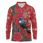 Tui Meri Kirihimete Personalised Long Sleeve Polo Shirt Pohutukawa Flowers Red Motif - Aussie Hoodie