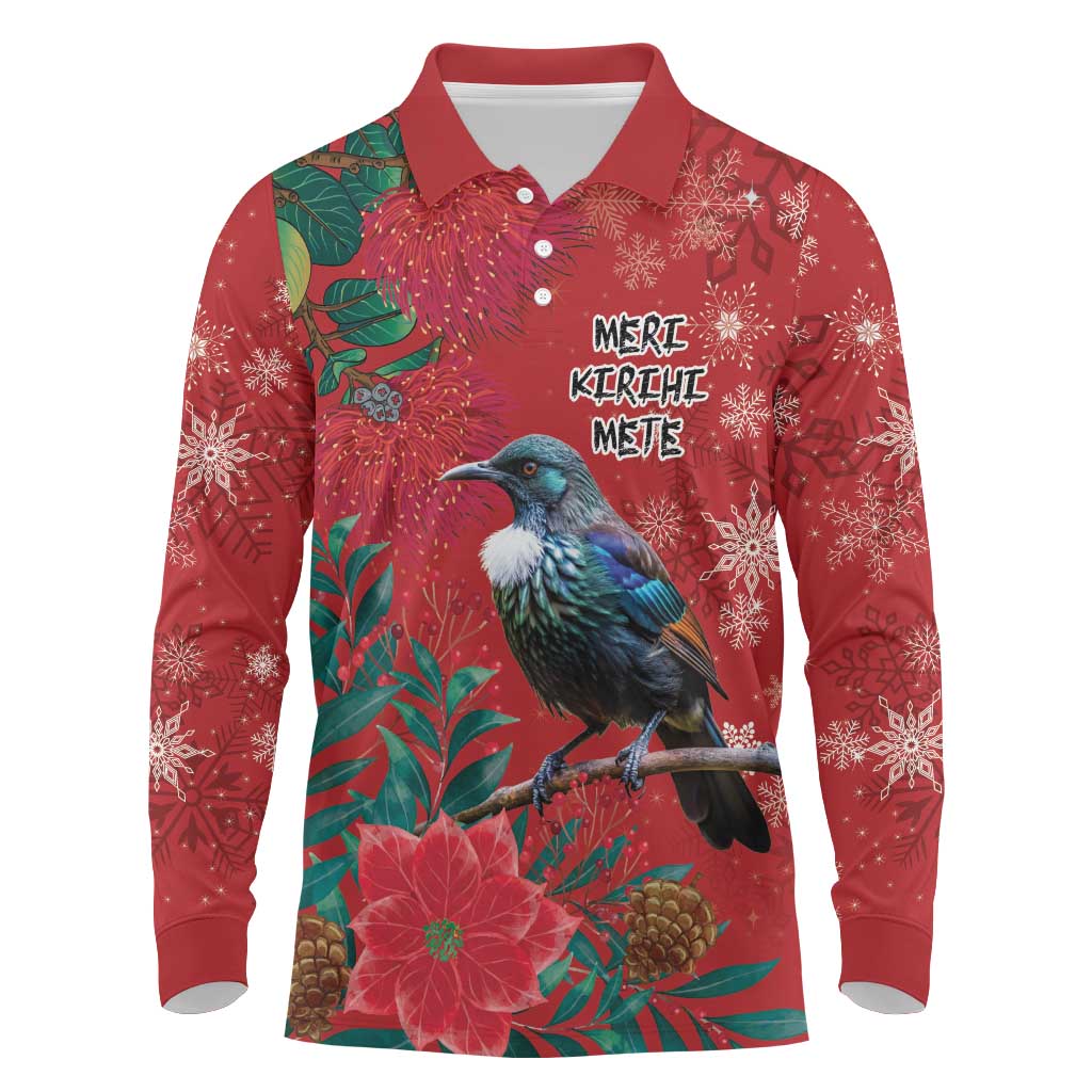 Tui Meri Kirihimete Personalised Long Sleeve Polo Shirt Pohutukawa Flowers Red Motif - Aussie Hoodie