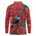 Tui Meri Kirihimete Personalised Long Sleeve Polo Shirt Pohutukawa Flowers Red Motif - Aussie Hoodie