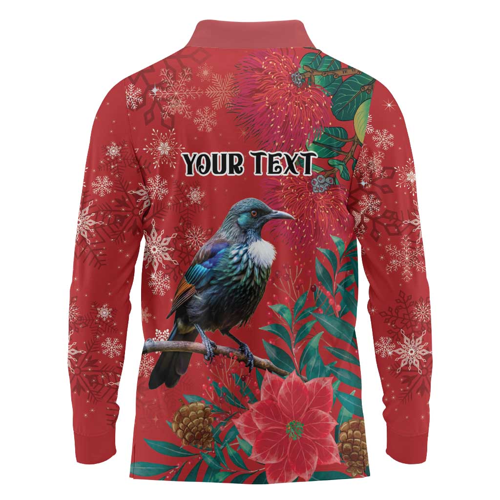 Tui Meri Kirihimete Personalised Long Sleeve Polo Shirt Pohutukawa Flowers Red Motif - Aussie Hoodie