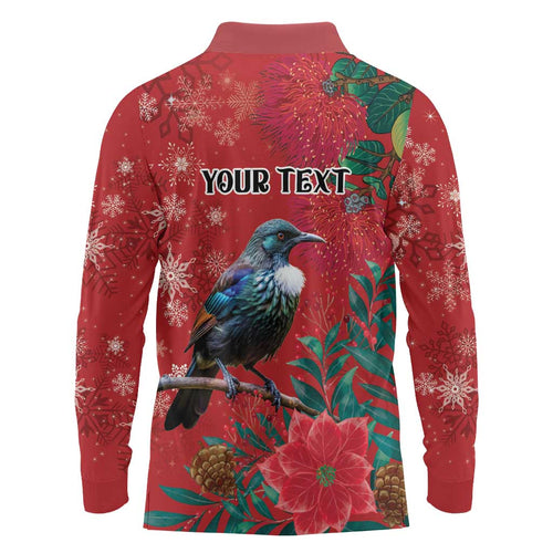 Tui Meri Kirihimete Personalised Long Sleeve Polo Shirt Pohutukawa Flowers Red Motif - Aussie Hoodie