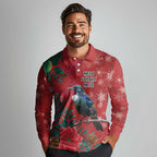 Tui Meri Kirihimete Personalised Long Sleeve Polo Shirt Pohutukawa Flowers Red Motif - Aussie Hoodie