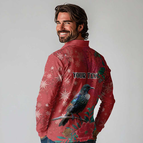 Tui Meri Kirihimete Personalised Long Sleeve Polo Shirt Pohutukawa Flowers Red Motif - Aussie Hoodie
