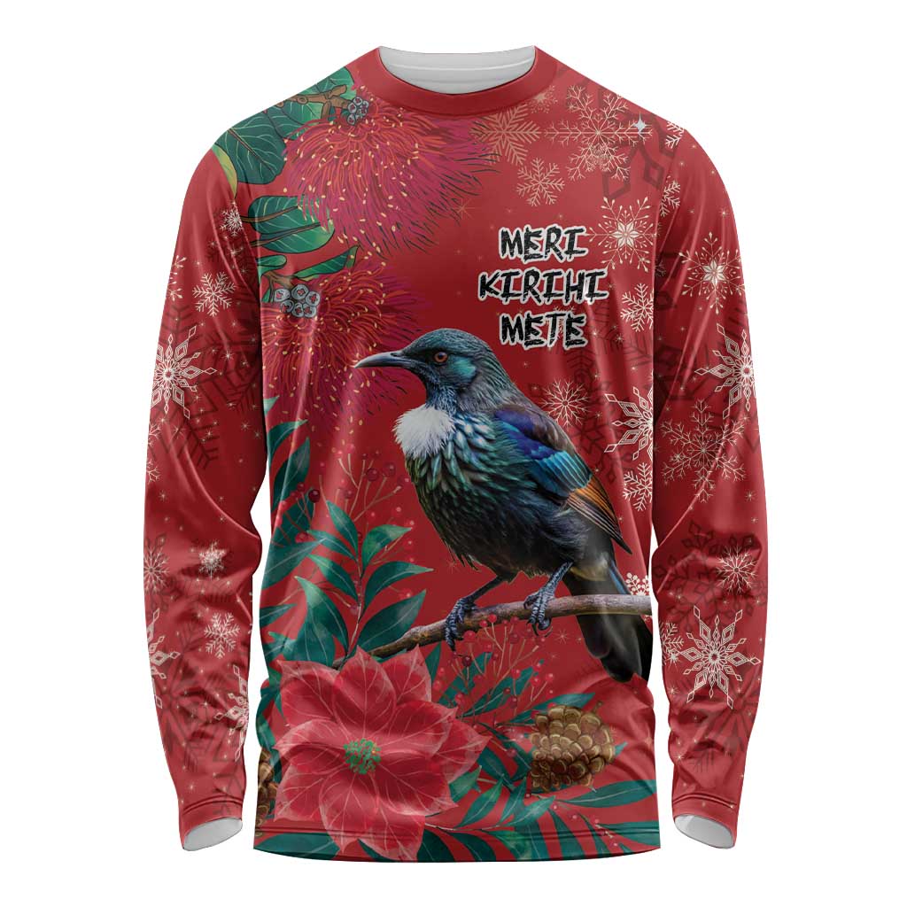 Tui Meri Kirihimete Personalised Long Sleeve Shirt Pohutukawa Flowers Red Motif - Aussie Hoodie