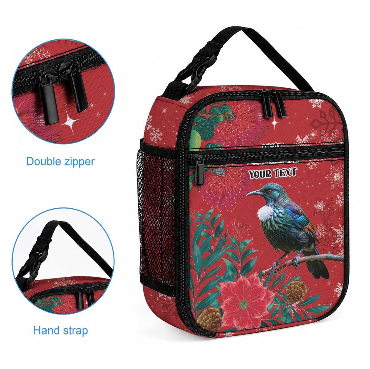 Tui Meri Kirihimete Personalised Lunch Bag Pohutukawa Flowers Red Motif