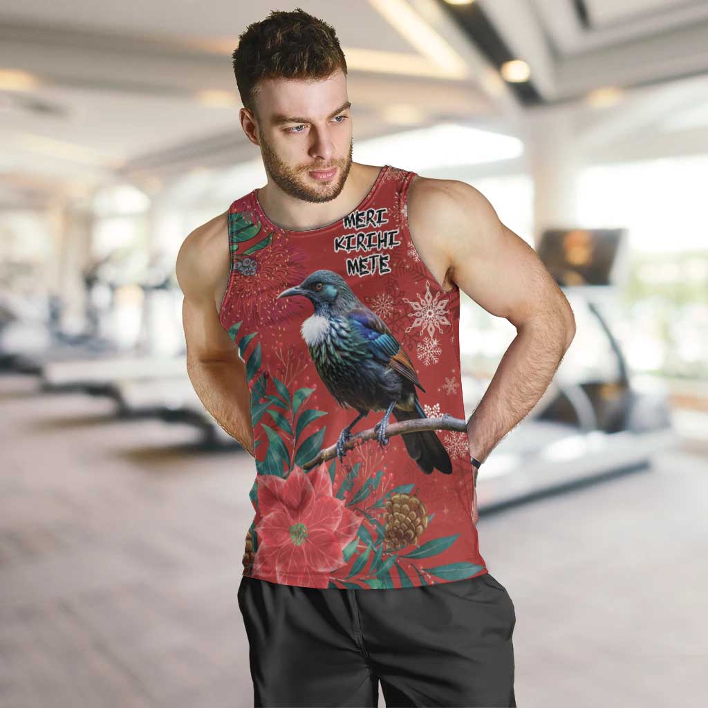 Tui Meri Kirihimete Personalised Men Tank Top Pohutukawa Flowers Red Motif - Aussie Hoodie