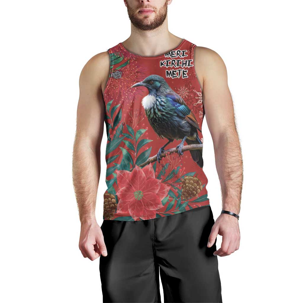 Tui Meri Kirihimete Personalised Men Tank Top Pohutukawa Flowers Red Motif - Aussie Hoodie