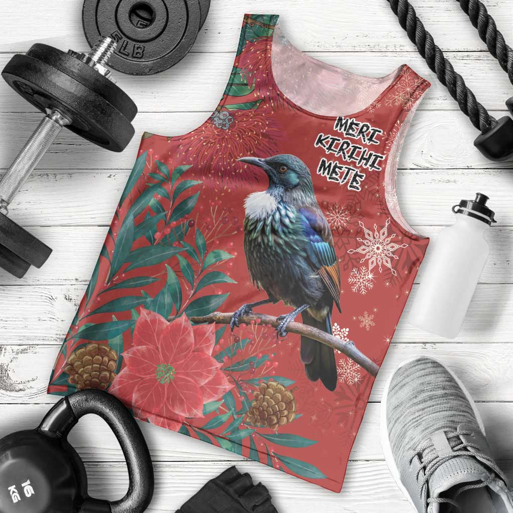 Tui Meri Kirihimete Personalised Men Tank Top Pohutukawa Flowers Red Motif - Aussie Hoodie